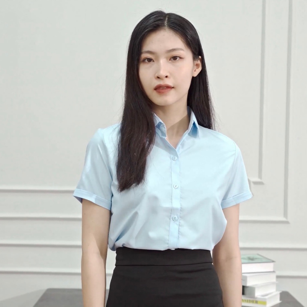 Áo sơ mi nữ ngắn tay trơn vải cotton lụa mềm mịn