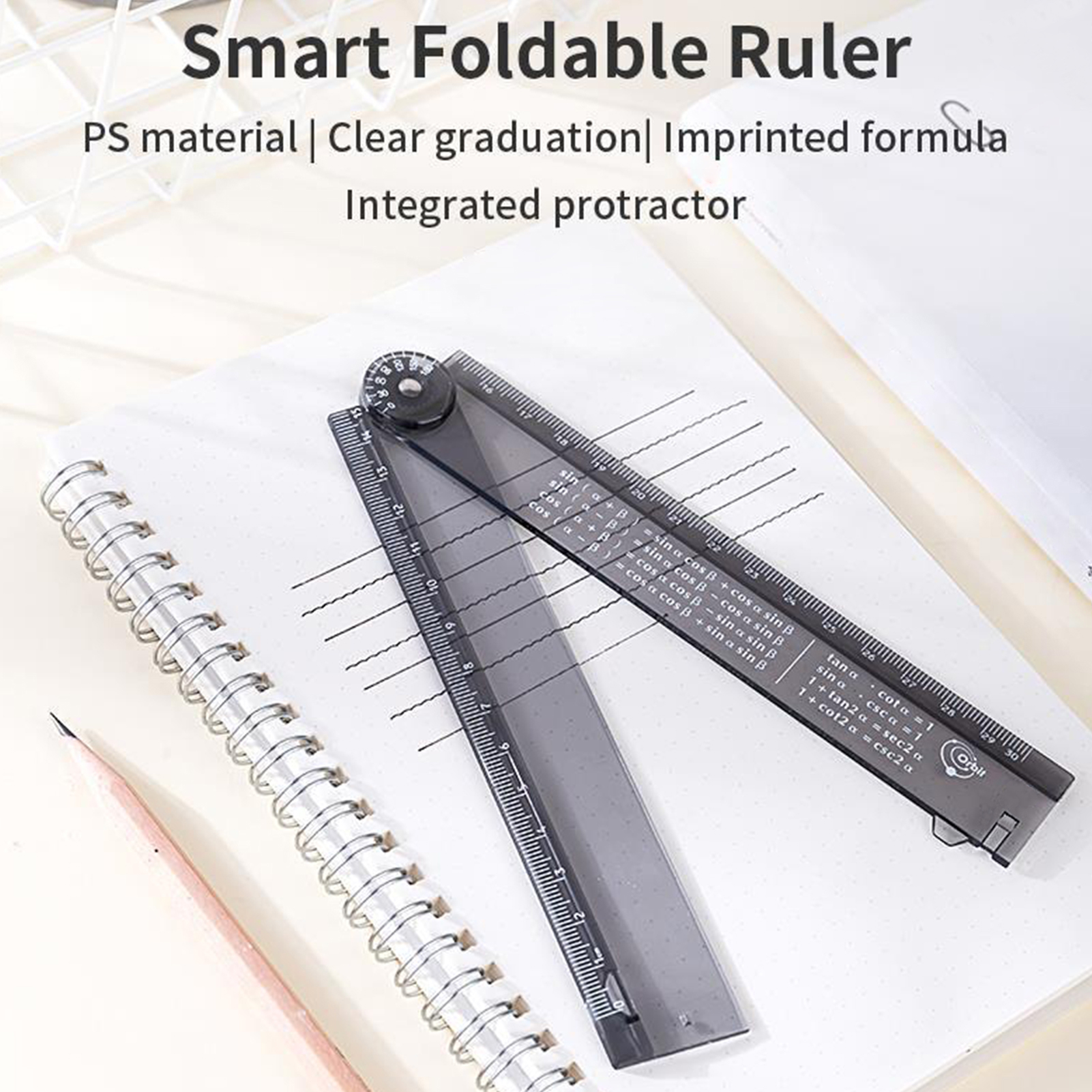 Folding Ruler Adjustable Transparent Ruler Flexible Portable Angle Measurement Ruler for School Home