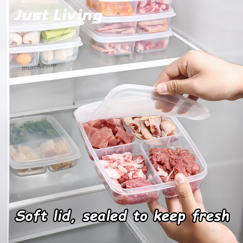 JustLiving Hộp Sắp Xếp Tủ Lạnh 4 Ngăn Trong Suốt Hộp Đựng Có Nắp Hộp Đựng Bảo Quản Giữ Tươi Cho Tủ Lạnh Có Thể Xếp Chồng Bằng PP Cấp Thực Phẩm Hộp Phục Vụ Hành Gừng Và Tỏi Đĩa Thịt Đông Lạnh