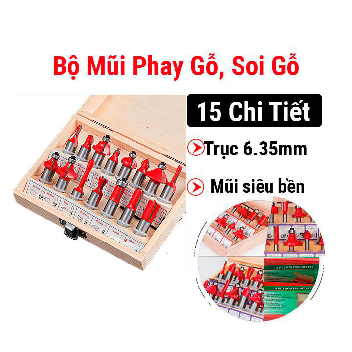 Bộ mũi phay gỗ 15 chi tiết chân 6.35mm _TKDN