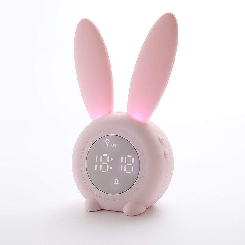 Cute Bunny LED Digital Alarm Clock Sound Induction Children Household Suction Countertop Snooze Night Light Decoration USB Night Lamp Desk Clock Snooze Function Rabbit Ear Mini Student Electronic Alarm Clock