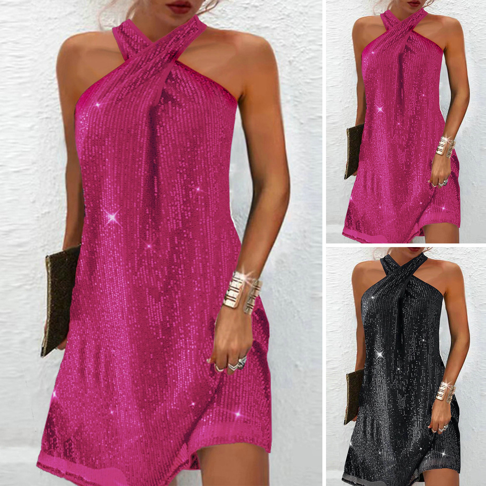 ASOS DESIGN halter neck chainmail mini dress in bright pink