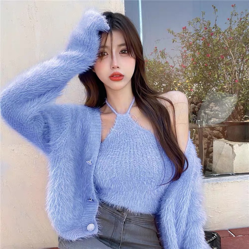 Set Áo Len Lông Thỏ cổ Yếm + Áo Khoác Cúc Siêu Xinh