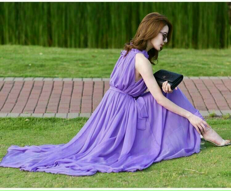 Đầm maxi dài cổ xếp ly sang trọng