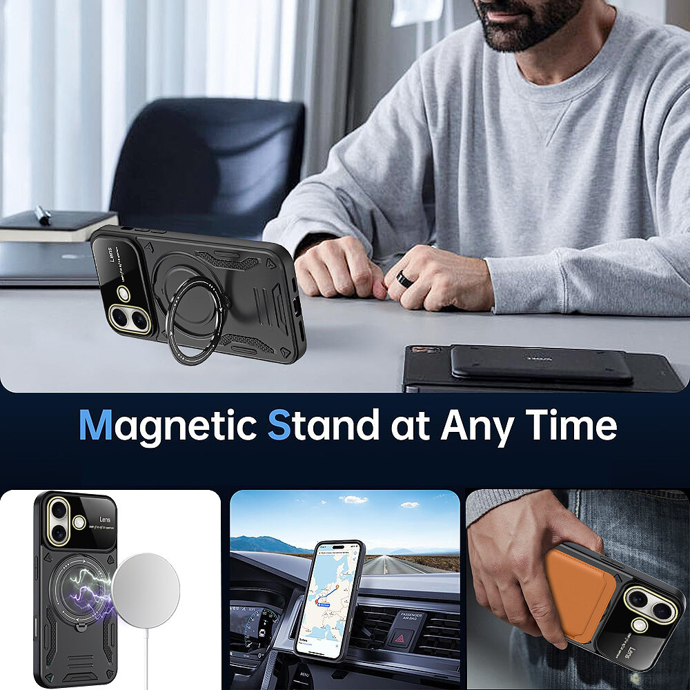 lthmy for iPhone 16 Pro Max Casing dual layer magnetic ring stand MagSafe case with cover.