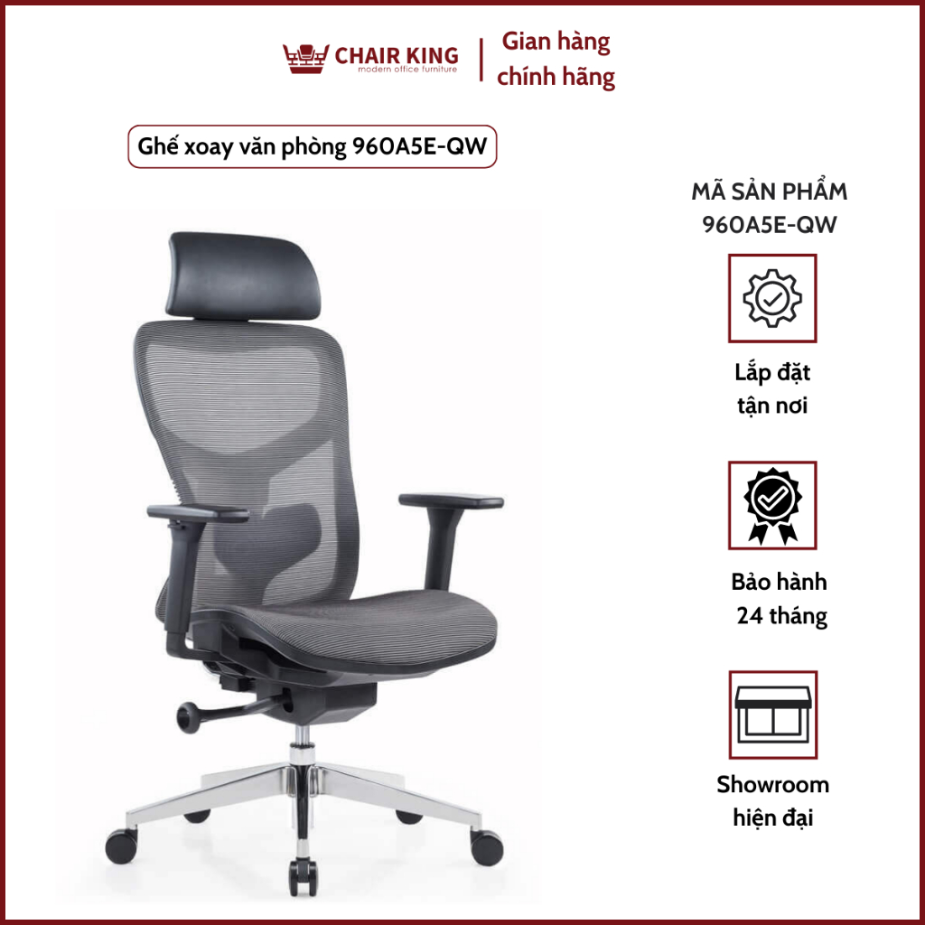 Ghế xoay văn phòng 960A5EQW thương hiệu Chairking Lưng lưới, tay nhựa, đệm mousse bọc vải