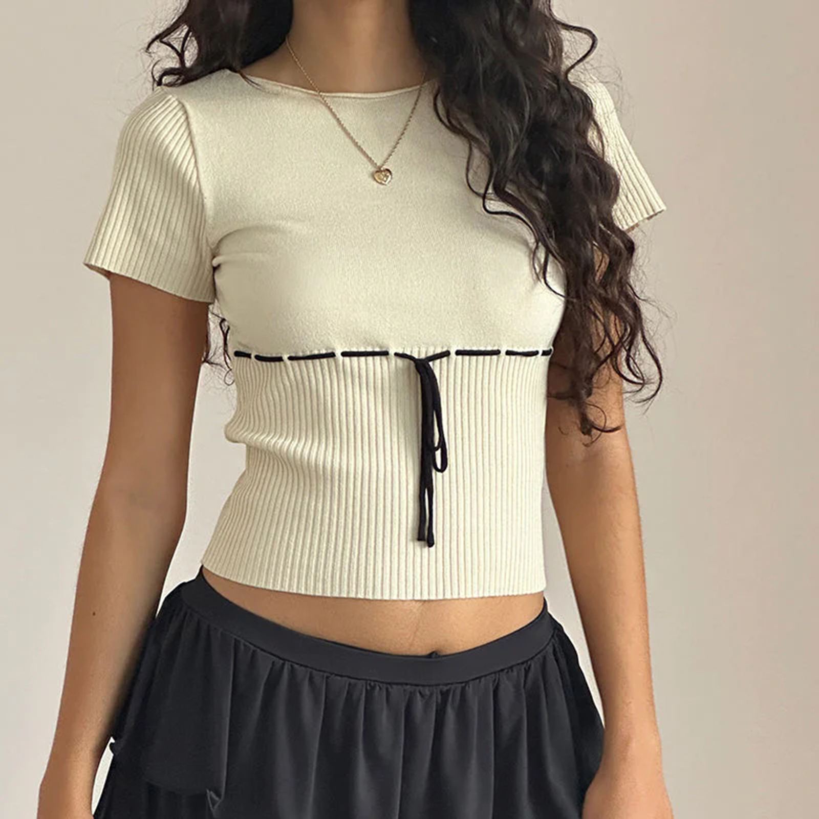 Beautifultime Women's Summer Crop Tee Black Line Ribbon Short Sleeve Round Neck Tops Streetwear