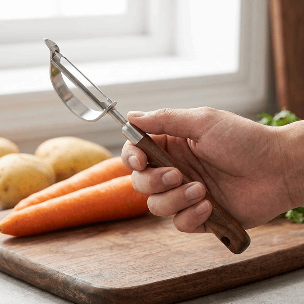 U-Shaped/D-Shaped Walnut Wood Peeler Non-slip Efficient Fruit Peeler Retro Peeling Machine Picnic.