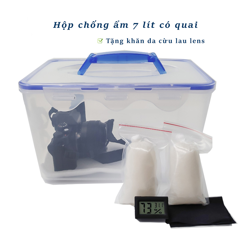 Combo hộp chống ẩm 7 lít cho máy ảnh DSLR, mirrorless và máy film tặng kèm khăn da cừu