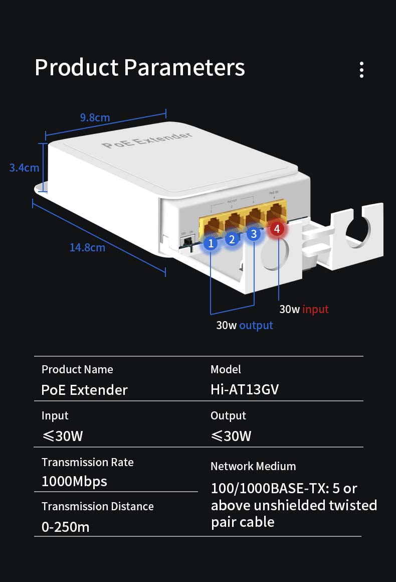 Hisource 4 Port IP55 Waterproof POE Repeater 100/1000Mbps 1 To 3 Network  Switch Poe Extender For IP Camera