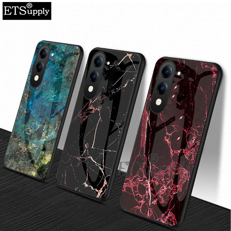 Phone case Vivo Y04 Fashion Marble Tempered Glass Protector Soft Frame Silicon Back Cover Vivo Y04 4G Case.
