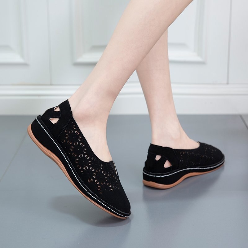 AA18-Women Loafers Hollow Shoes Wedges Low Heel Slip on Cal Female Shoes