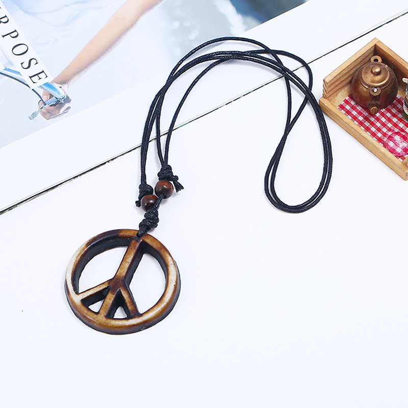 Retro Handmade Peace Symbol Pendant Necklace Long Rope Chain Ethnic Jewelry. 