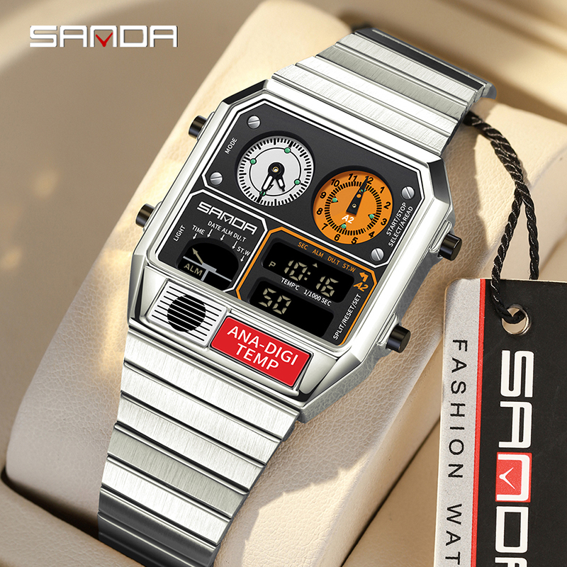 Sanda Retro Trendy Punk Dual Display Luminous Waterproof Electronic Quartz Men's Watch SD3192-1.