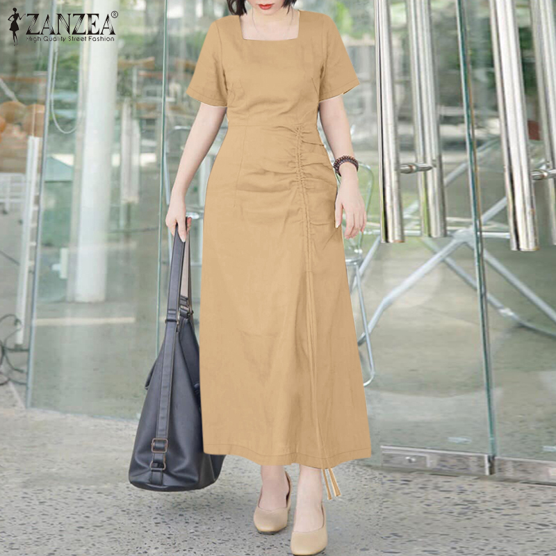 ZANZEA%20Korean%20Style%20Women%20New%20Fashion%20Square%20Neck%20Dresses%20Raglan%20Sleeve%20A-Line%20Drawstring%20Midi%20Solid%20Dress%20#0303%20-%20Image%203