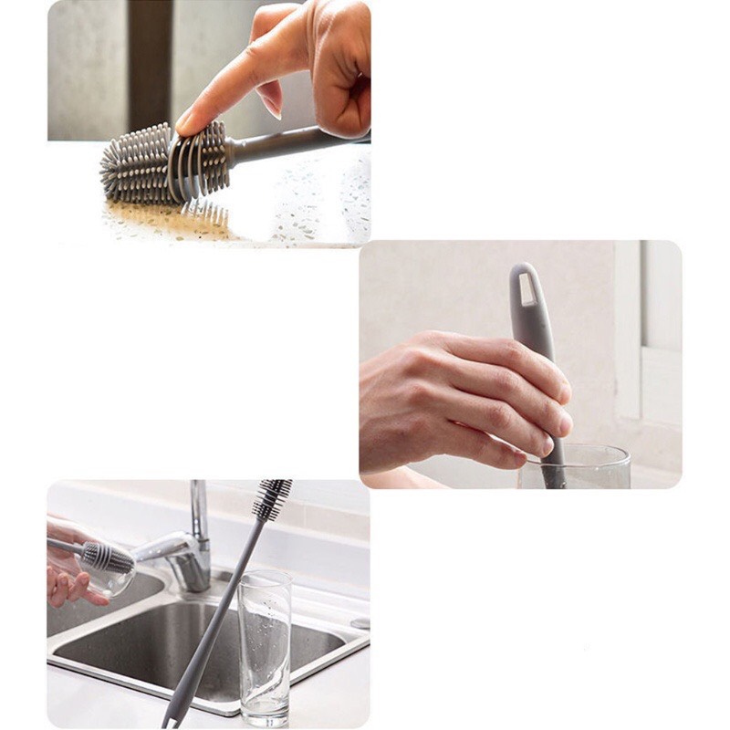 Cọ rửa bình sữa, rửa ly đầu silicon thân cầm dài, chắc chắn
