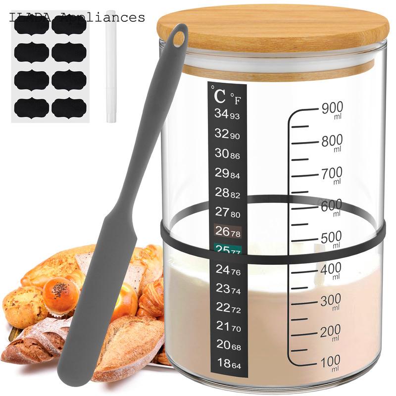 Sourdough Starter Jar Kit with Wooden Lid 900ml Sourdough Starter Container Wide Mouth Clear Glass Sourdough Starter Jar Sourdough Starter Jar Kit Sourdough Starter Container