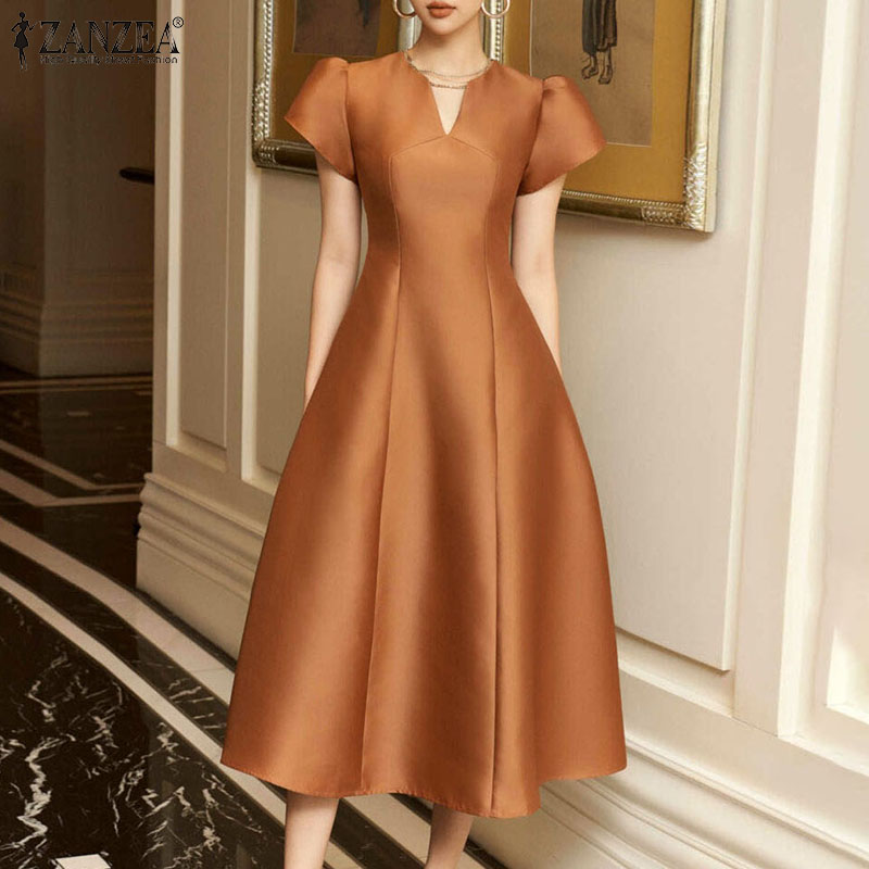 ZANZEA%20Korean%20Style%20Women's%20Dress%20V-Neck%20Puff%20Sleeve%20Dresses%20Party%20Prom%20Elastic%20Waist%20A-Line%20Dress%20-%20Image%203
