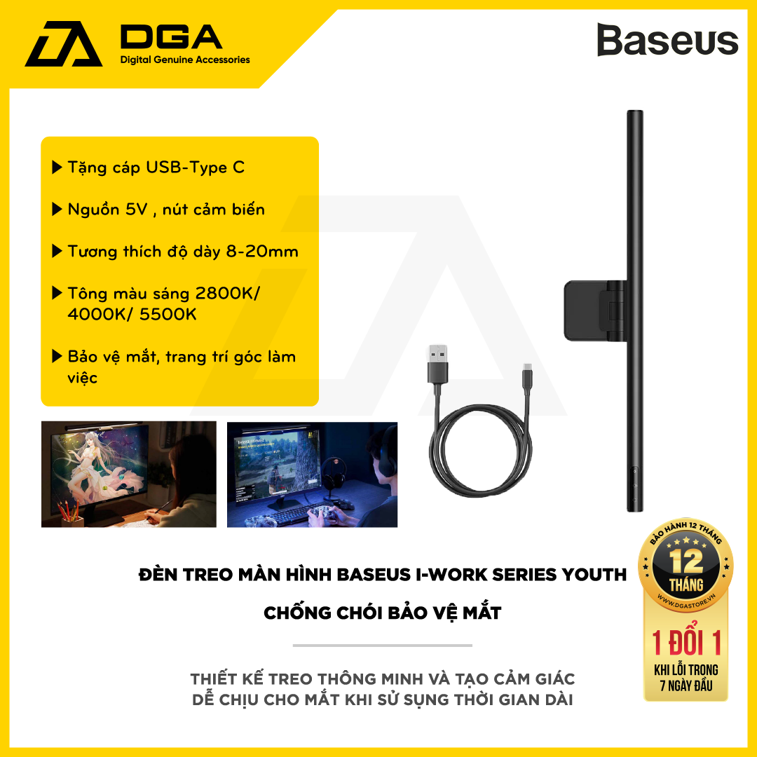 Đèn treo màn hình bảo vệ mắt Baseus i-Work Series (3 Light Mode, Anti Bluelight, USB Stepless Dimming Screen Hanging Light, New Model)
