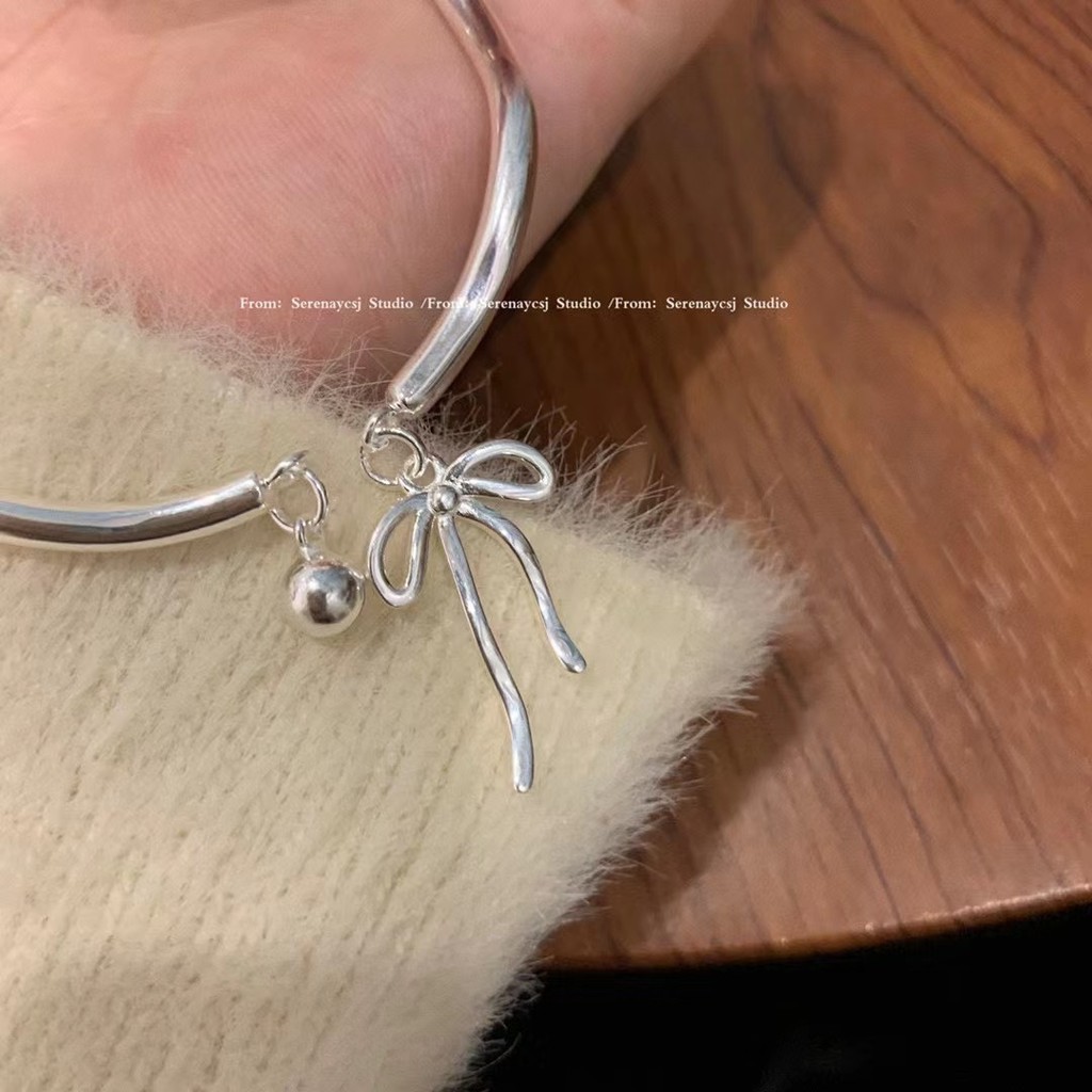 17km thanh lịch chuông nhỏ gắn nơ Bangle sóng bạc mở điều chỉnh Vòng Tay Nữ phụ kiện trang sức