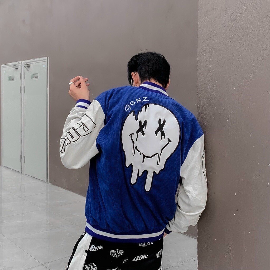 Áo Khoác Nhung Gân Kiểu Dáng BomBer, Logo In Hình Mặt Cười GonZ Bao Chất áo khoác Bomber Nhung tăm thêu G