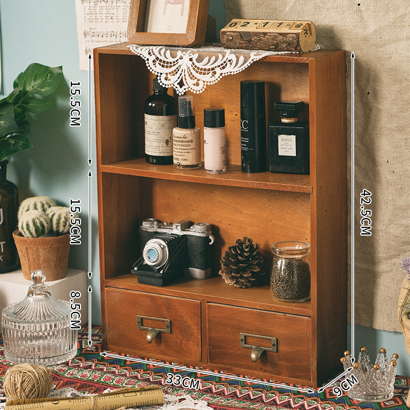 Simple wooden retro storage box Home cosmetics sundry storage cabinet Vertical desktop storage rack with drawer
