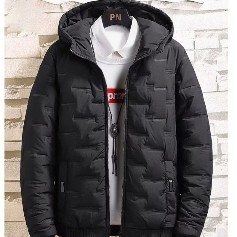 KYUSHUAD Men's black hooded thickened warm down jacket Solid color zippered casual cotton jacket