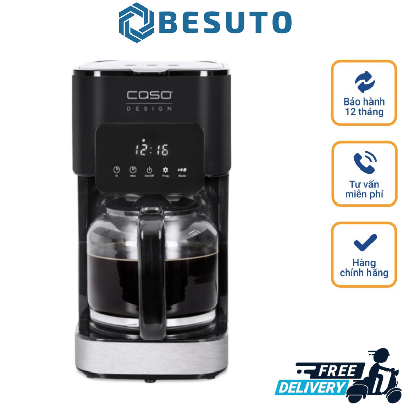Caso Coffee Taste and Style Thermo Coffee Machine with Permanent Filter, 1.2 L, Optimal Brewing Temperature 92-96 °C, Drip Stop, Optimised Brewing Head, Insulated Jug, Stainless Steel, Black