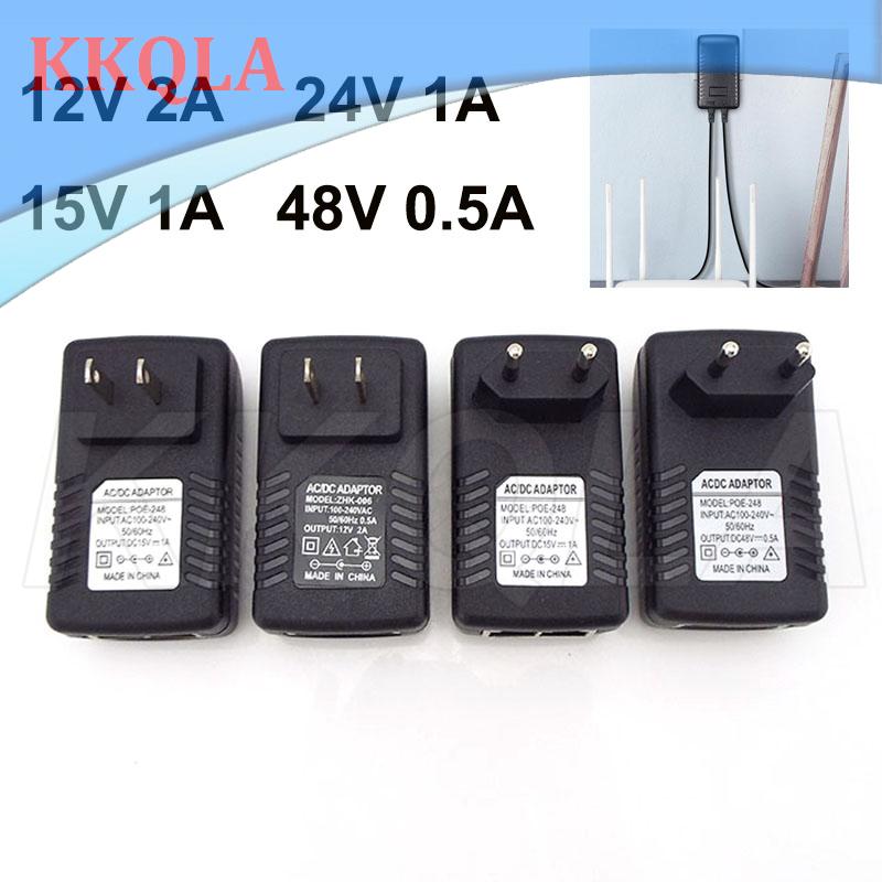 Qkkqla ac 220v dc 12v 2a 48v 0.5a 24v 1a 15v 1a 24w poe power supply injector adapter plug over ethernet eu/us wall plug cctv ip camera