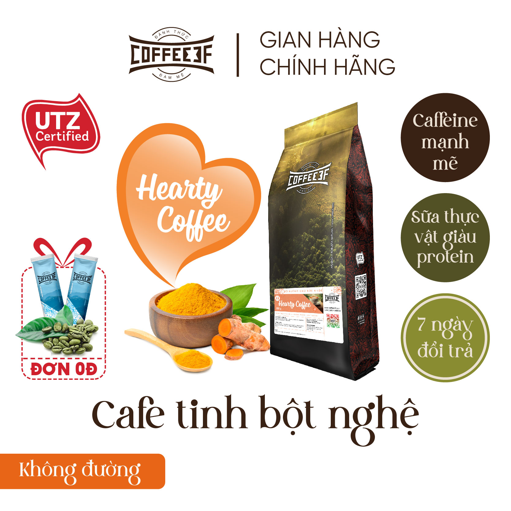 Cà phê hoà tan tinh bột nghệ Hearty Coffee - Coffee 3F (túi 500g/200g)