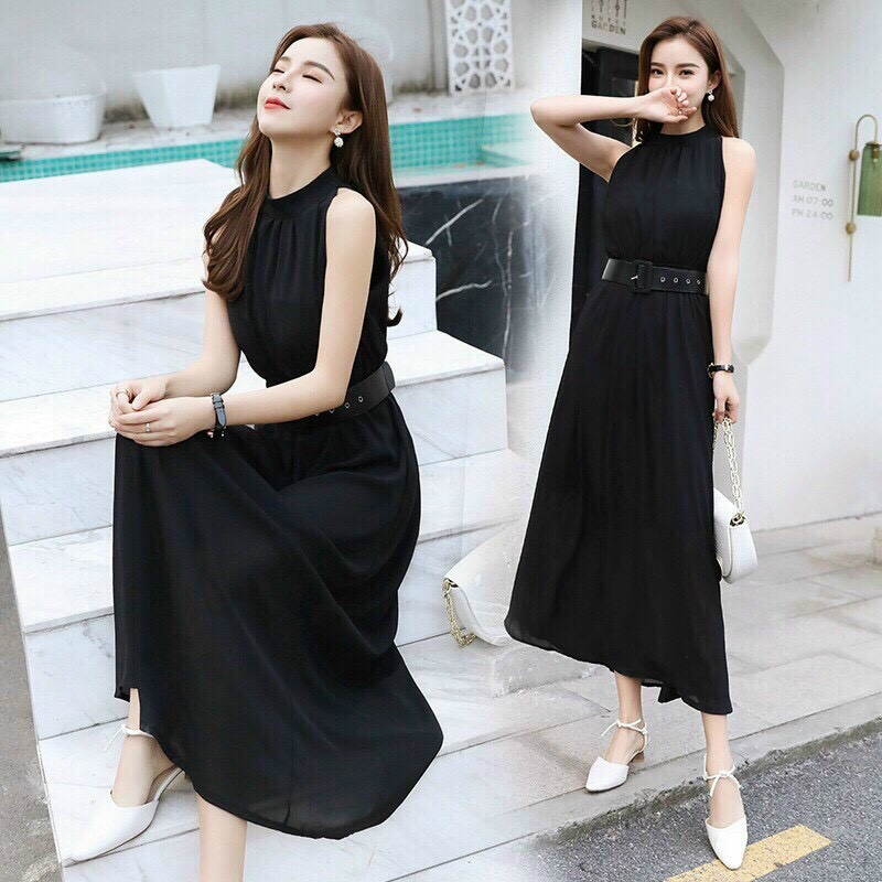 đầm dài váy đầm maxi xám- đen kèm nịt
