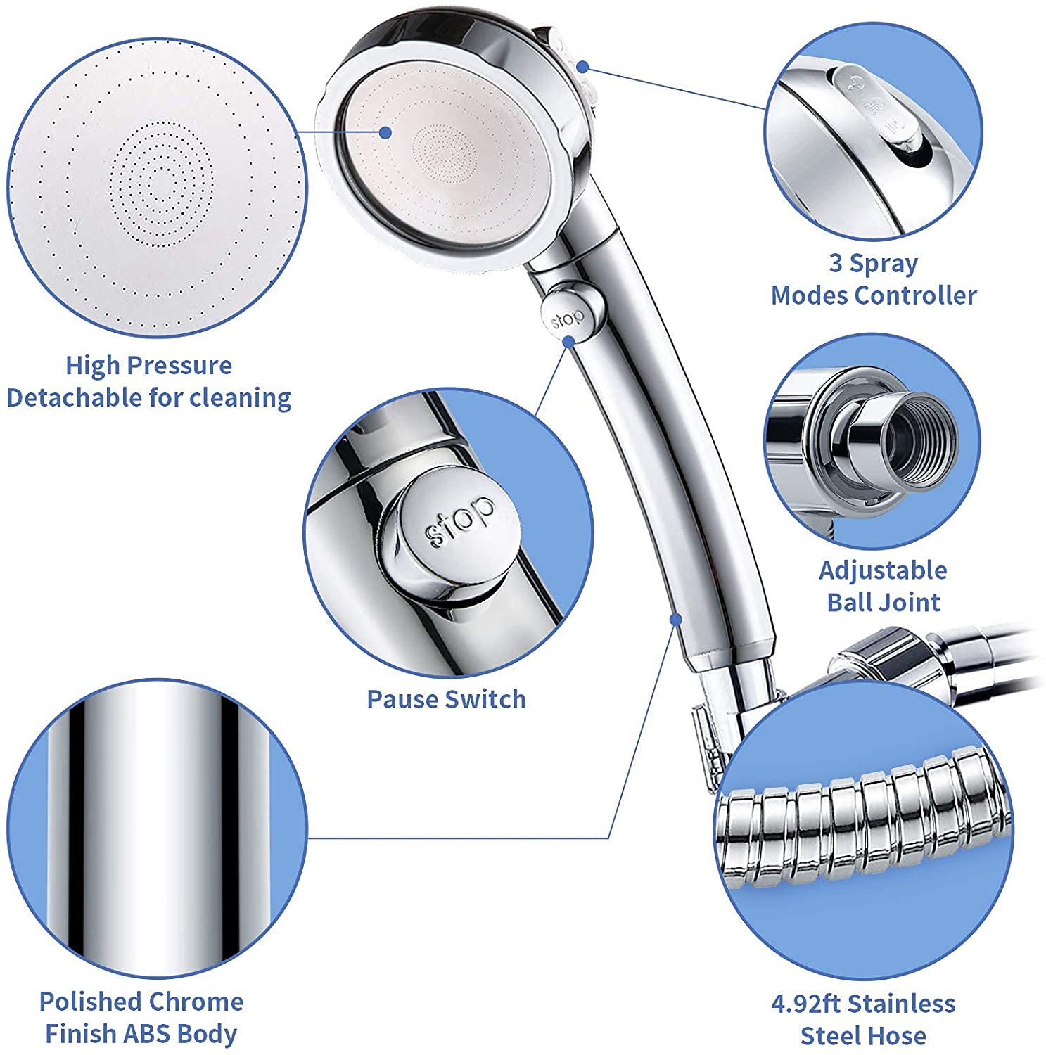 3 Modes High Pressure Shower With Stop Button Black Silver Saving Water ...