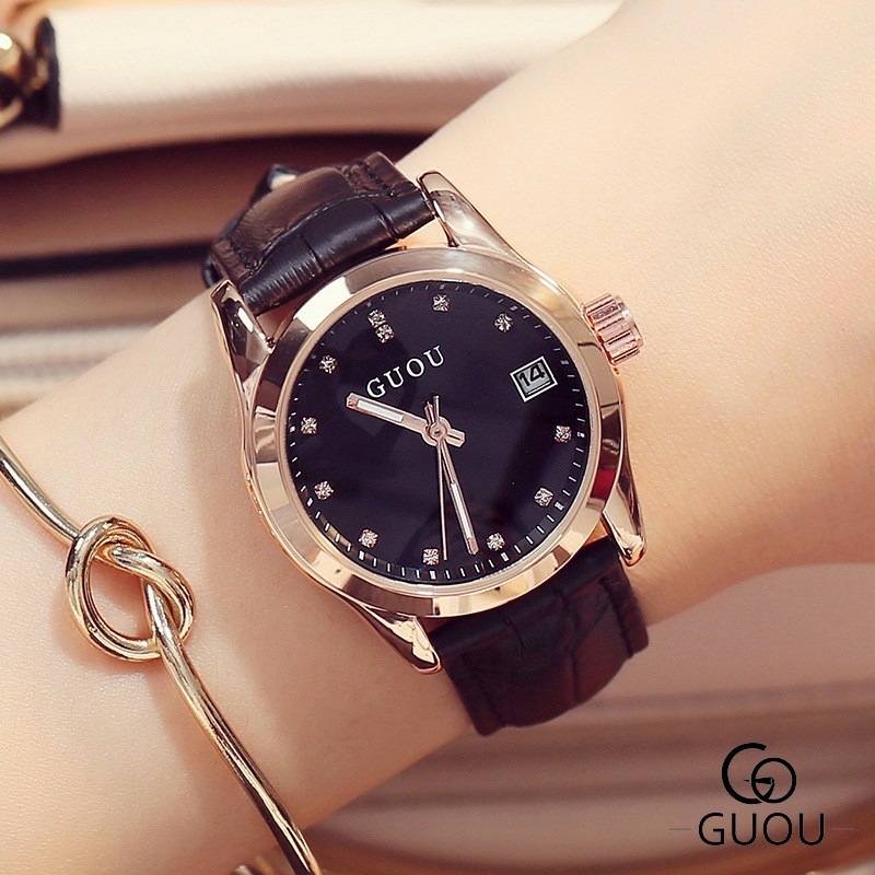 Đồng hồ nữ GUOU 8076 dây da có lịch sang trọng tinh tế  Bảo hành 12 tháng