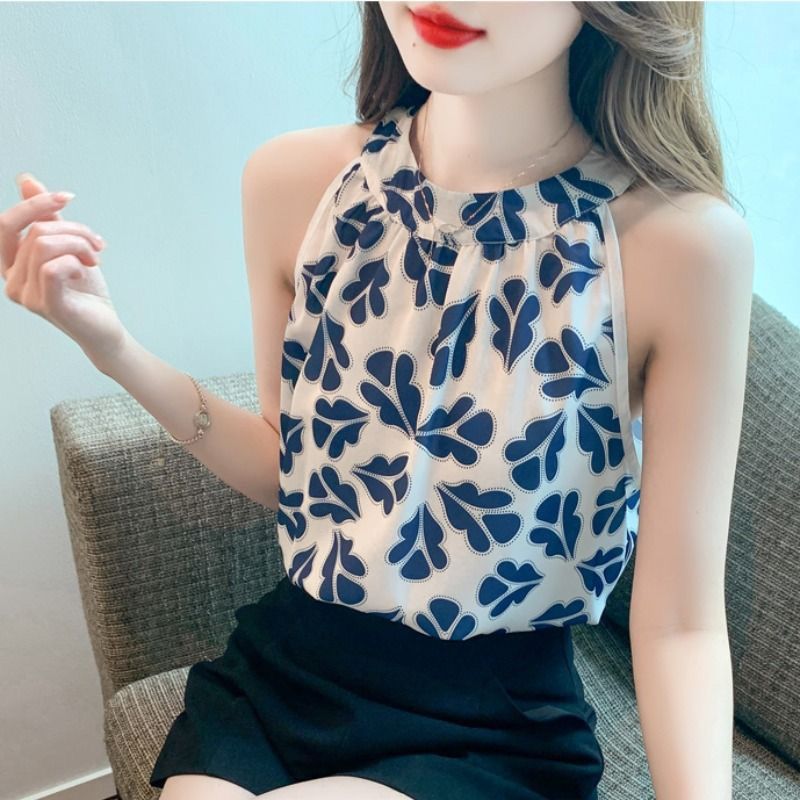 Fragmented Chiffon Shirt Women's 2023 Summer Fashion and Westernization Design Feel Off Shoulder Hanging Neck Sleeveless Shirt Trend