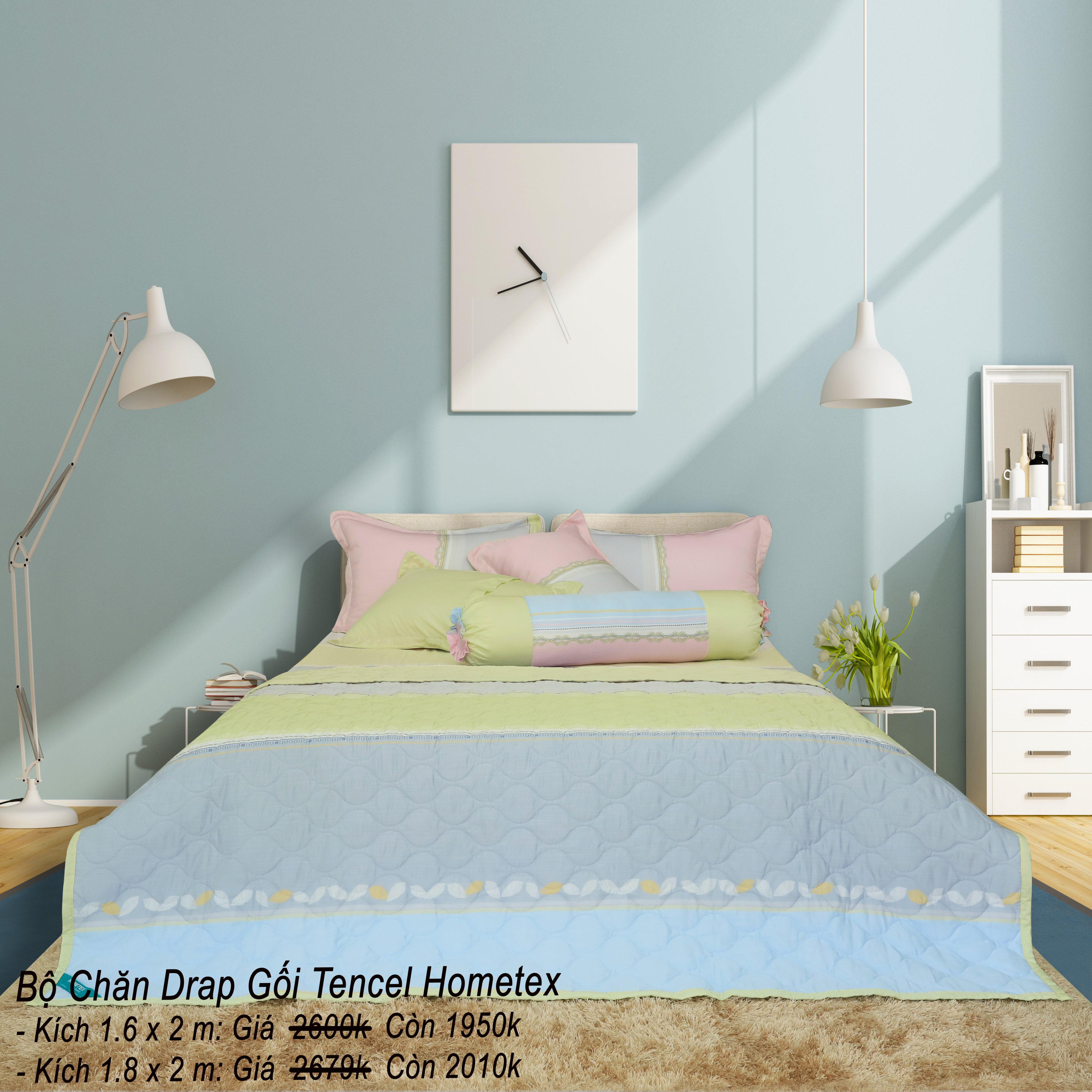 Bộ chăn drap gối tencel Hometex 180x200cm
