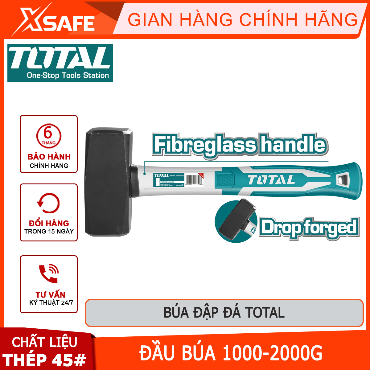 Búa tạ TOTAL | Búa đập đá Trọng lượng đầu búa: 1000g dùng để đập vỡ những vật liệu to lớn, cứng cáp khác như đá, gạch…