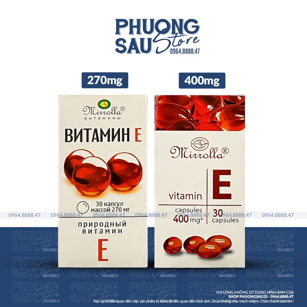Vitamin e đỏ nga mirrolla 270mg và 400mg hộp 30 viên, da căng bóng, trắng sáng mịn màng