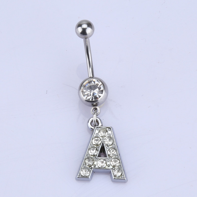 1Pc Letter Button Ring Rhinestone Alphabet Pendant Navel Body