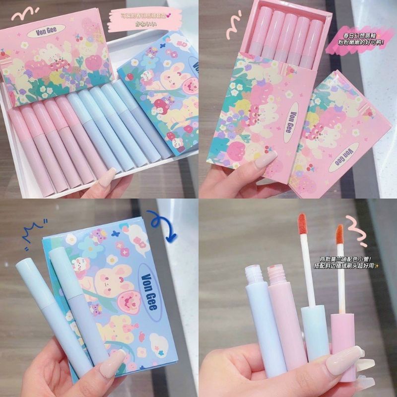 Set 5 son kem lì vongee thỏ xanh hồng