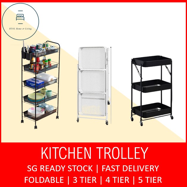 🔥SG READY STOCK🔥 3 / 4 Tier Kitchen Trolley Rack Foldable Movable