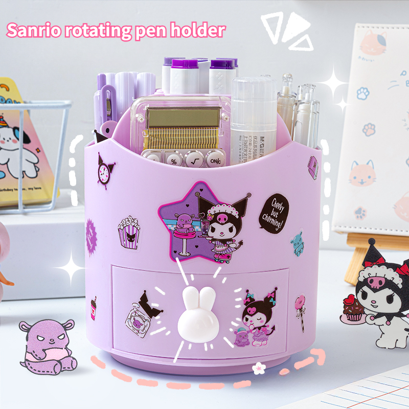 【LuckyBabyFans Store】360° Rotating Sanrio Kuromi Pen Holder Organizer Girls Large Capacity Stationery Box Kawaii Stikers Cinnamoroll.