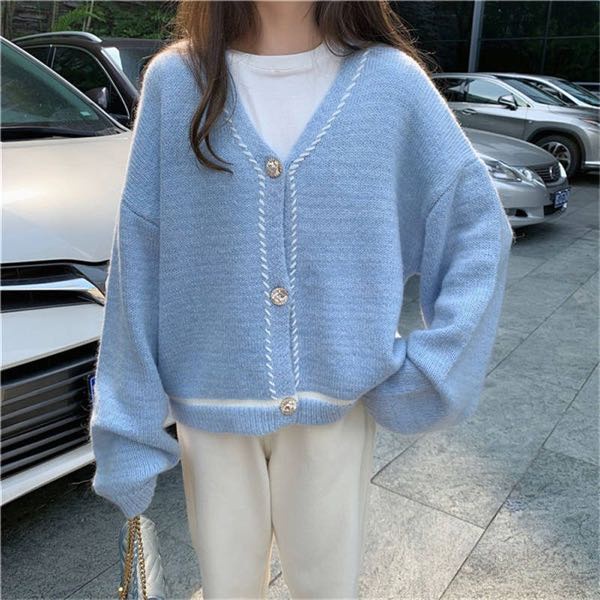 Korean Comfy Big Size Chunky Knit Cardigan Sweater Loose Long Sleeves  Blue/Pink