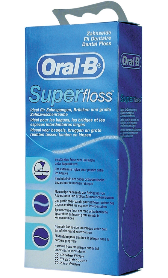 CHỈ NHA KHOA cho cầu răng, Implant, niềng răng ORAL B SUPER FLOSS MINT 50 SỢI [dvcareshop]