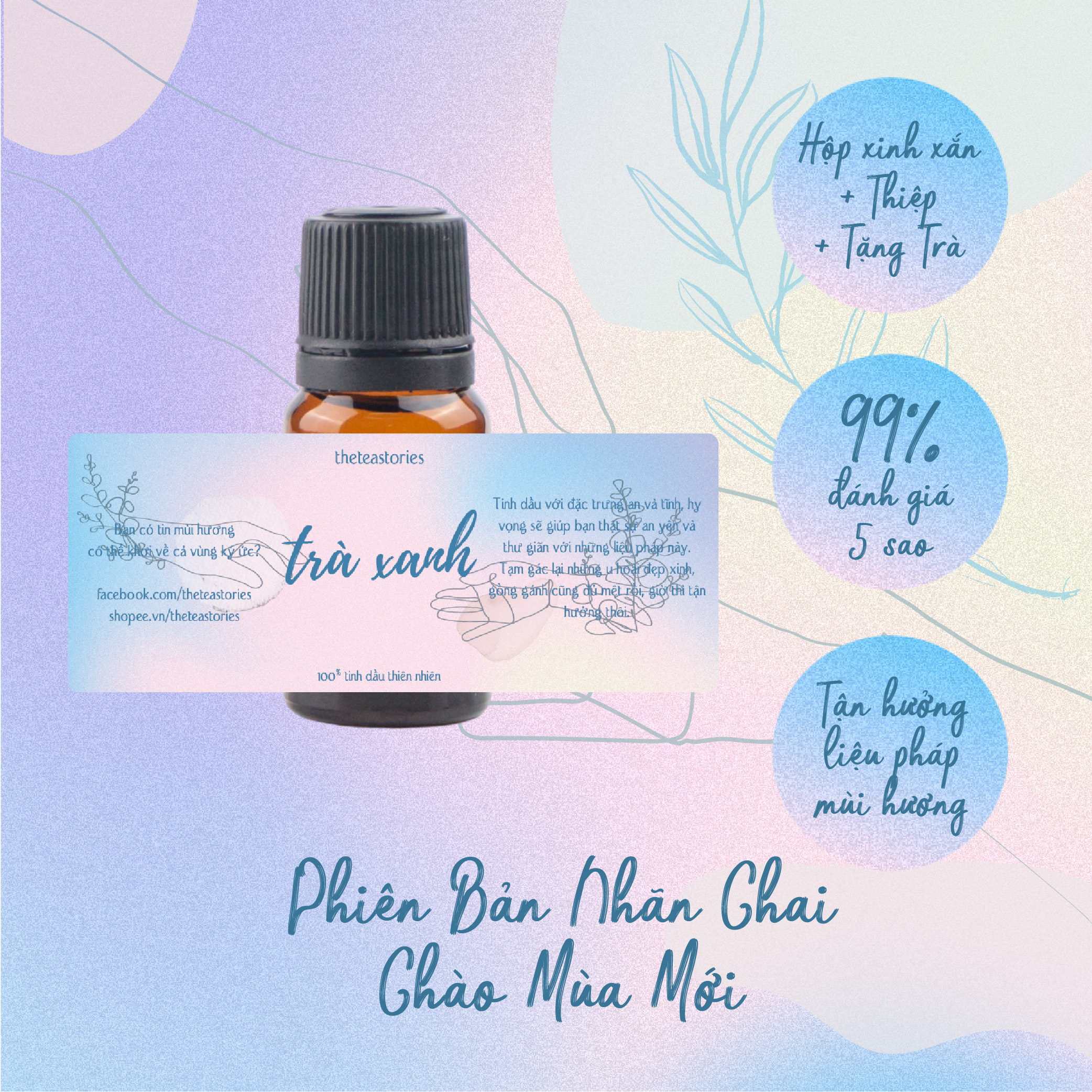 Tinh dầu trà xanh thanh mát thư giãn 10ml nguyên chất kèm thiệp xinh xắn - The Tea Stories