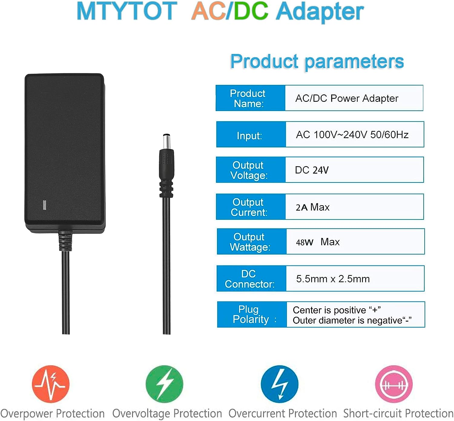 MTYTOT 24V 2A DC Power Supply Adapter 24W AC Adapter 100-240V AC to DC  24Volt 2Amp 1A Power Adapter Converter Transformers with 5.5mm x 2.5mm US  Plug