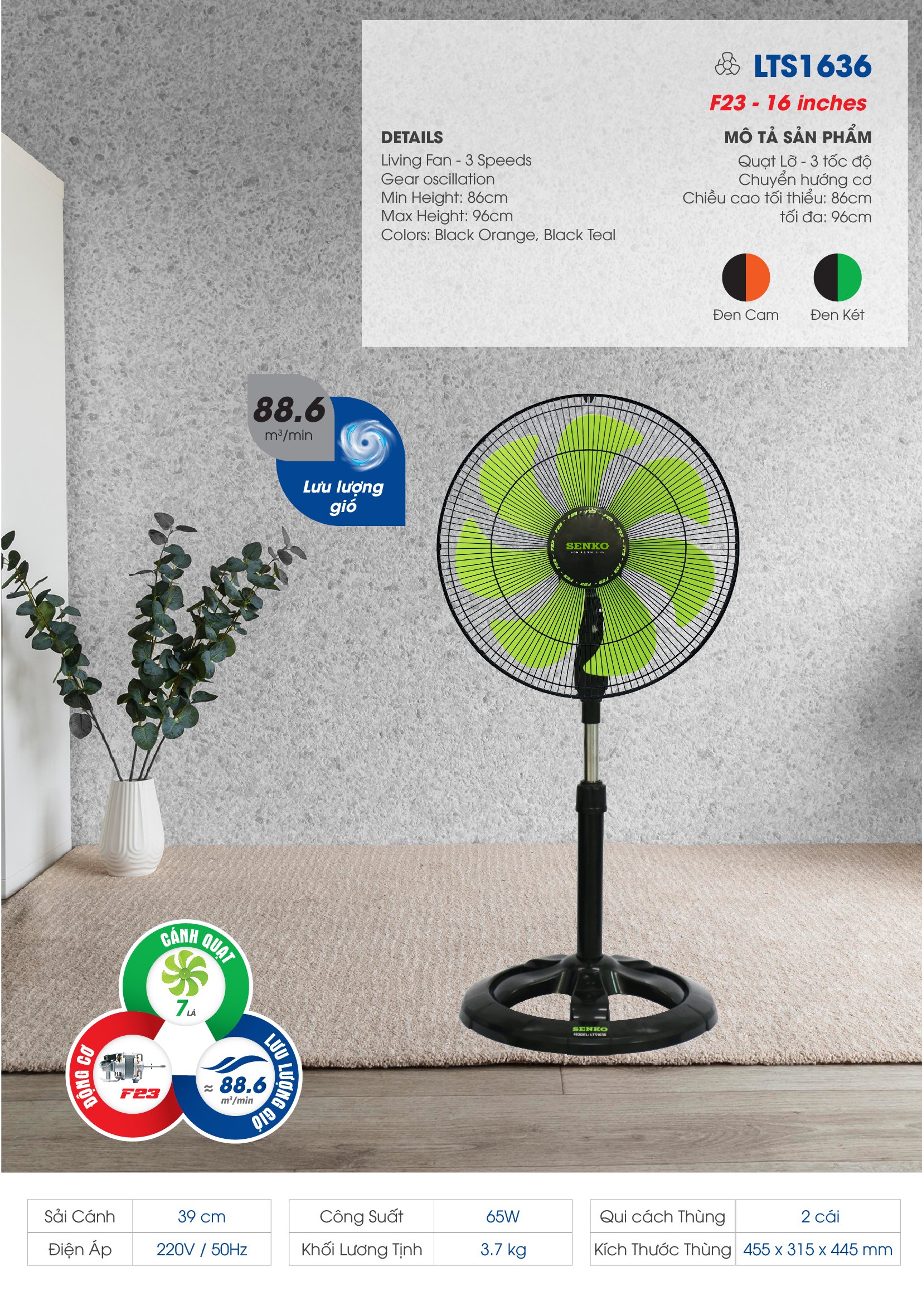 Quạt lỡ thân sắt 7 cánh Senko LTS1636