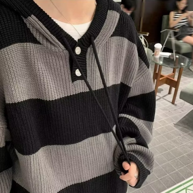 MAYCHEER Men's American retro lazy pullover bottoming knitted hooded sweater Preppy style contrasting loose sweater