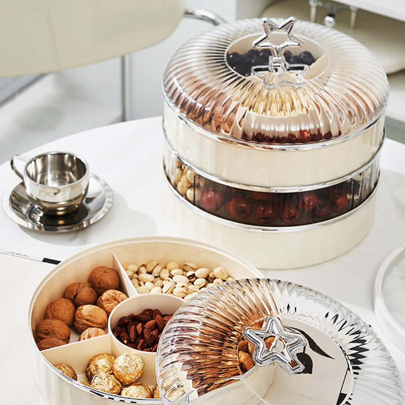 Light luxury fruit box, household multi-layer fruit plate, divided grid, cream air-dried fruit box with lid, living room, nut candy box, snack box