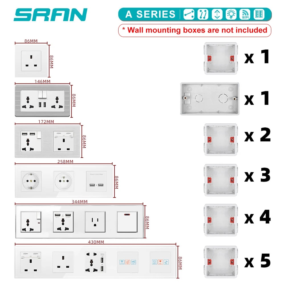 【Limited Time Only】 Sran Eu 2gang Power Socket 16a Electrical Plug Grounded Hide Led Indicator Double Socket With Usb 146*86mm Pc Panel Wall Socket
