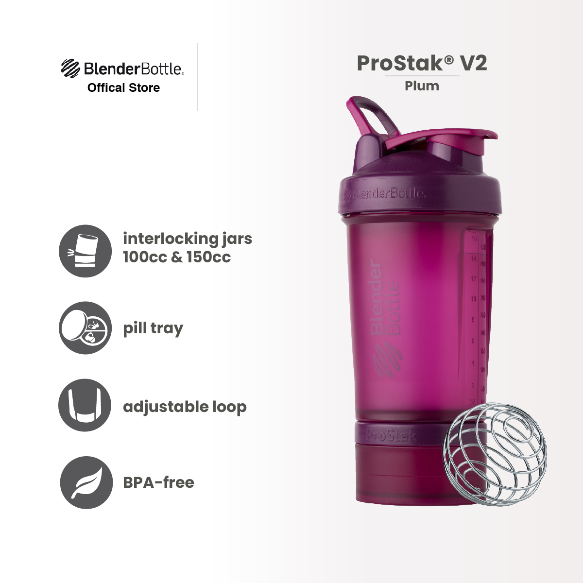 BlenderBottle ProStak 22 oz Purple Plum Shaker Cup with Wide Mouth